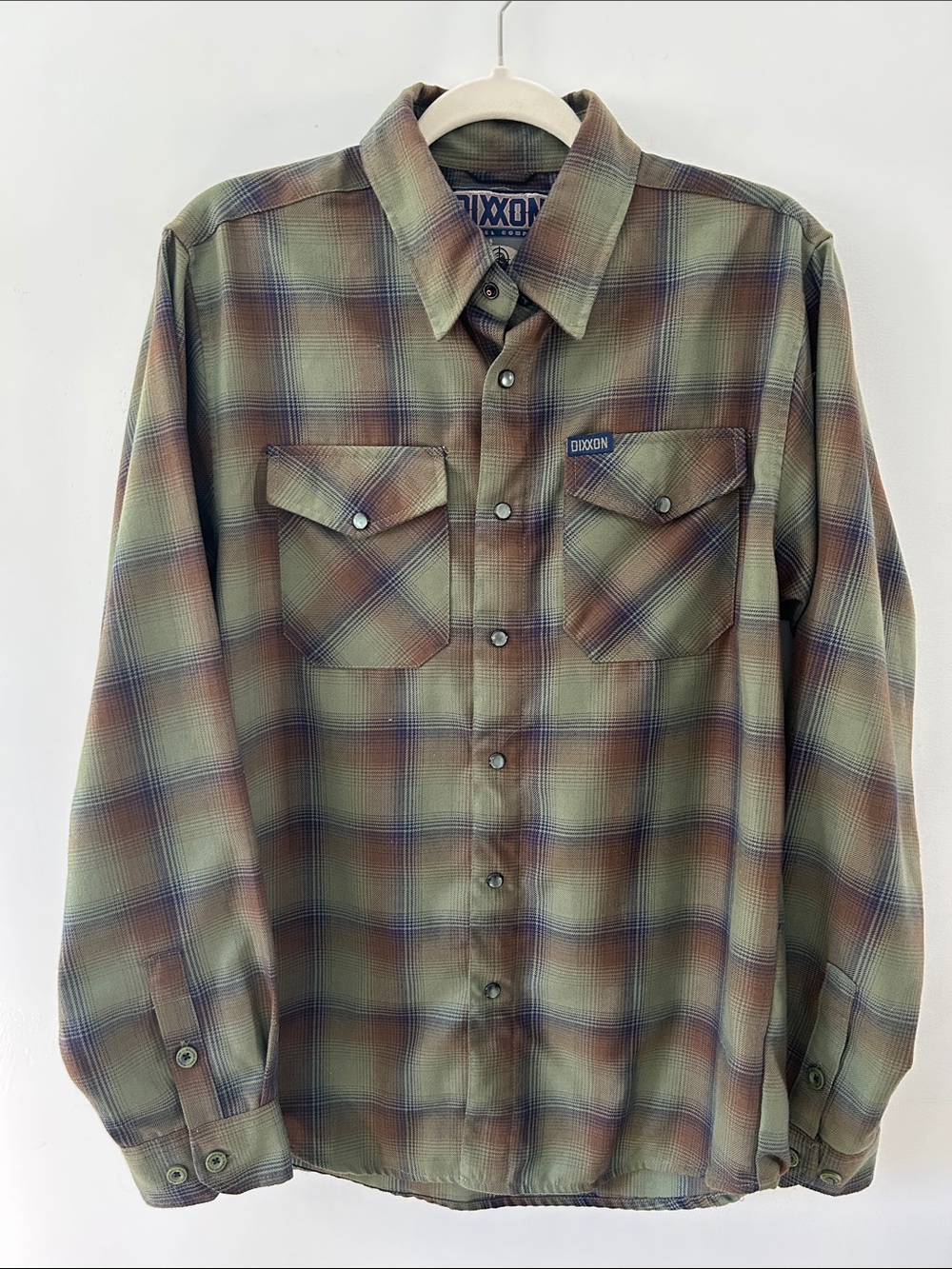 DIXXON The Hunter Pearl Snap Shirt Olive/Brown Plaid Small Outdoor Adventure